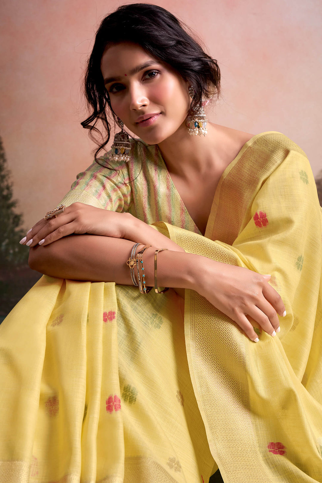 Arylide Yellow Linen Silk Saree