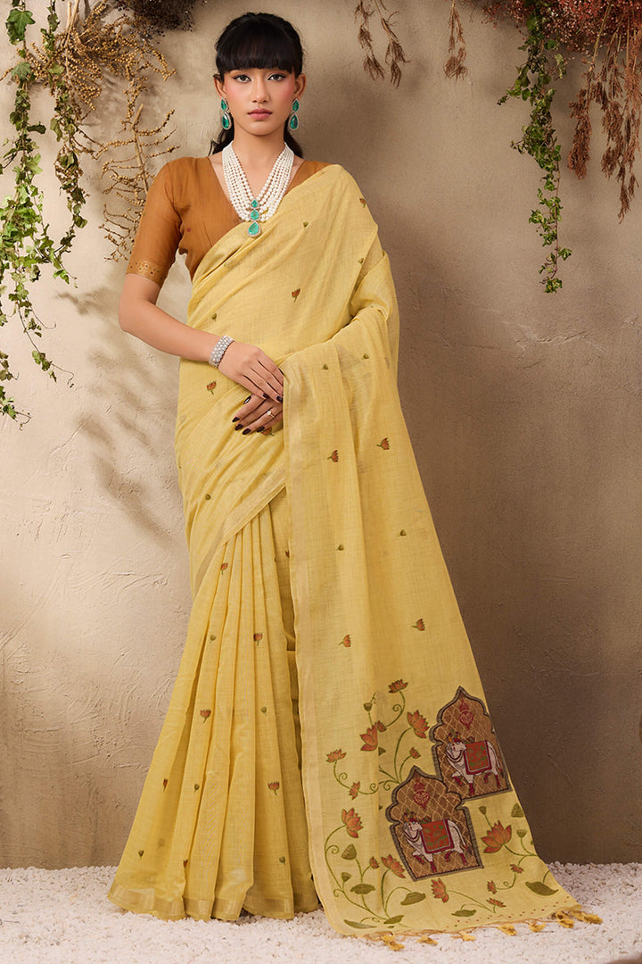 Arylide Yellow Munga Cotton Silk Saree