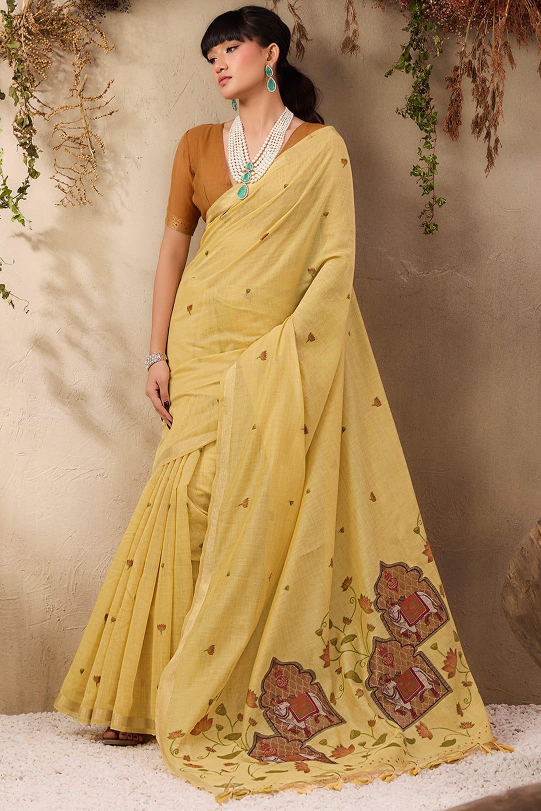 Arylide Yellow Munga Cotton Silk Saree