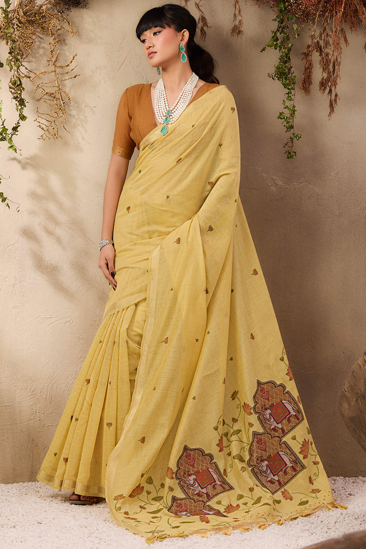 Arylide Yellow Munga Cotton Silk Saree