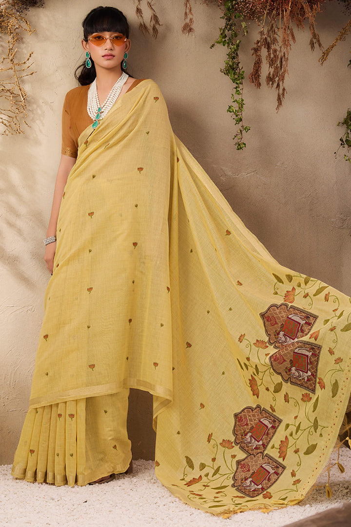 Arylide Yellow Munga Cotton Silk Saree