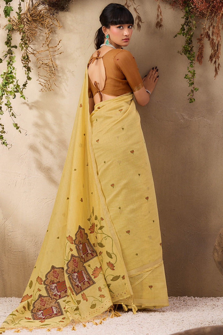 Arylide Yellow Munga Cotton Silk Saree
