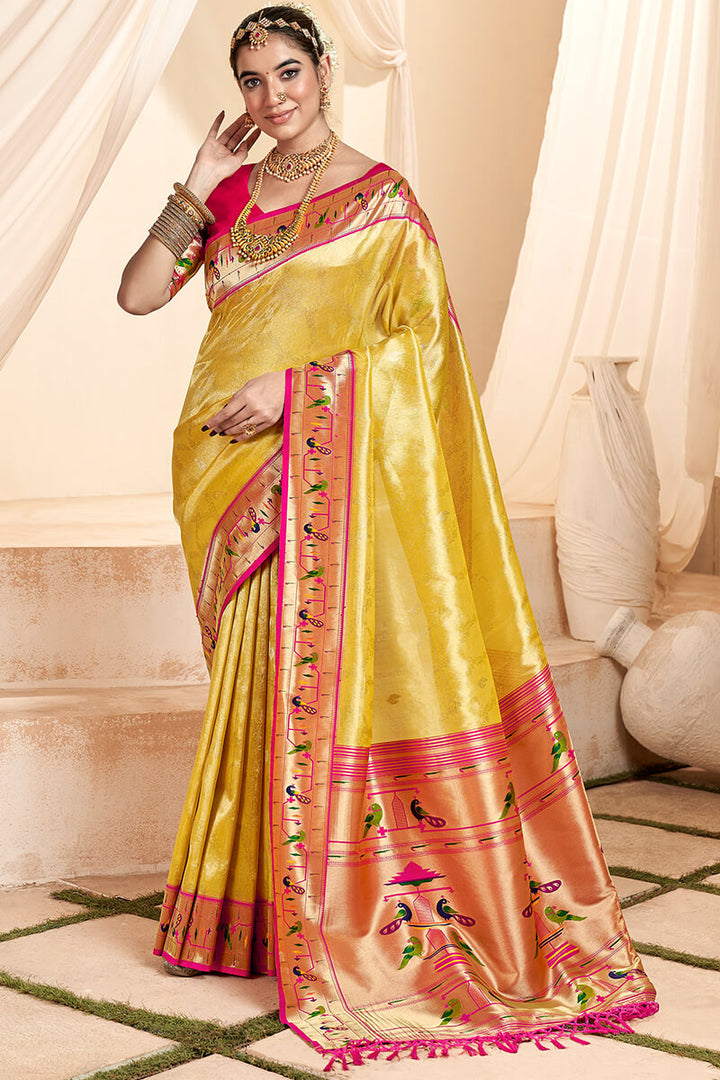 Arylide Yellow Paithani Tissue Silk Saree