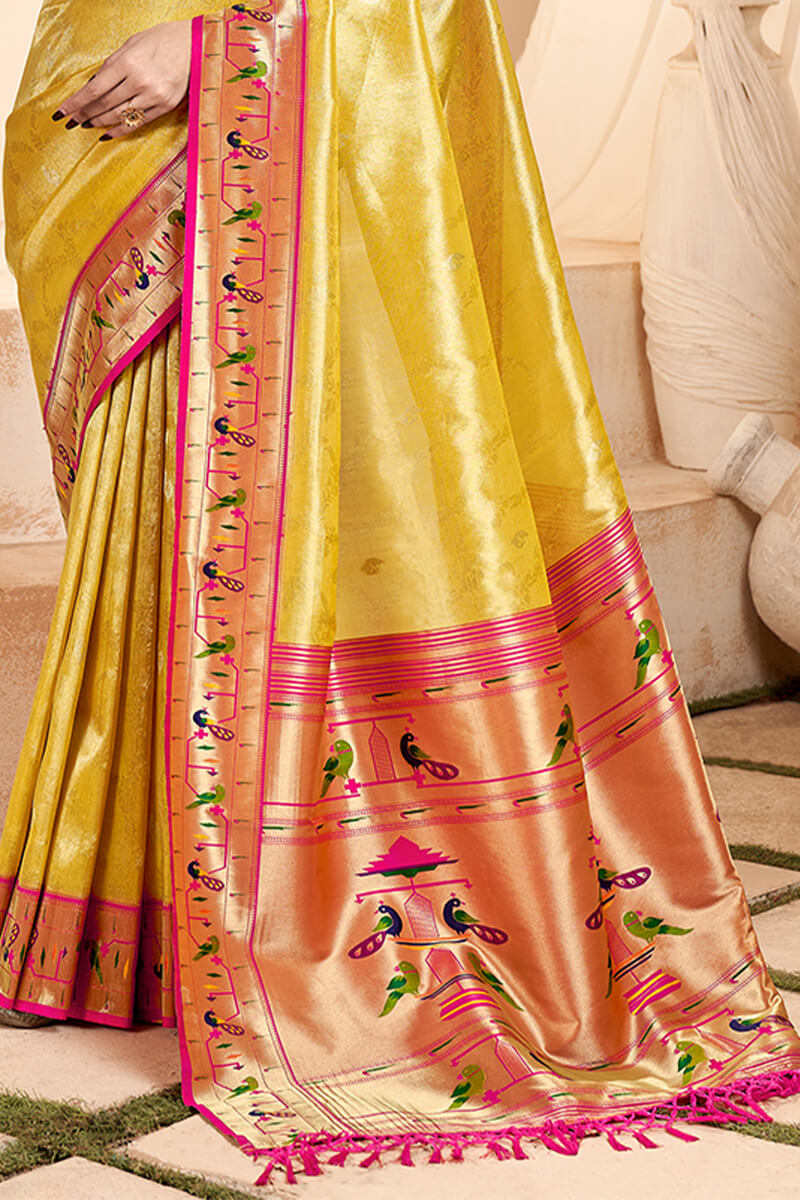 Arylide Yellow Paithani Tissue Silk Saree