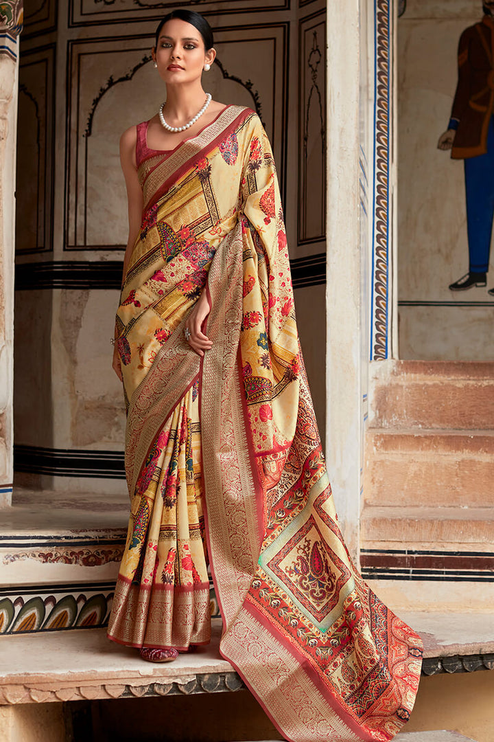 Arylide Yellow Printed Dola Silk Saree