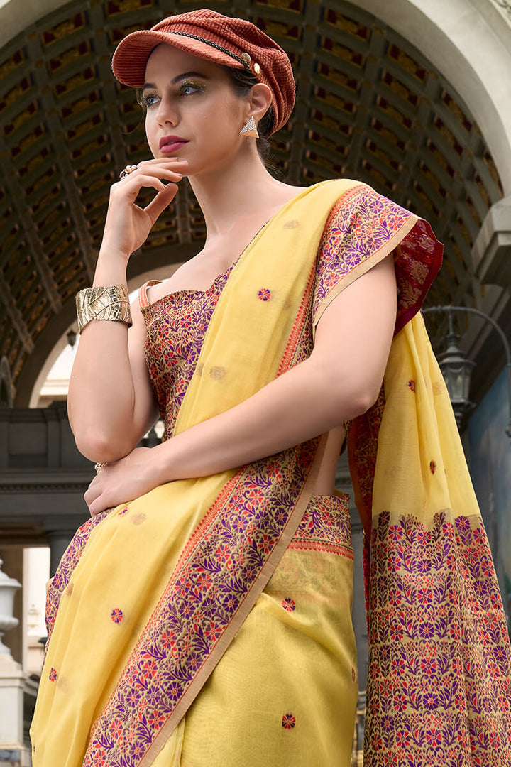 Arylide Yellow Woven Soft Linen Silk Saree