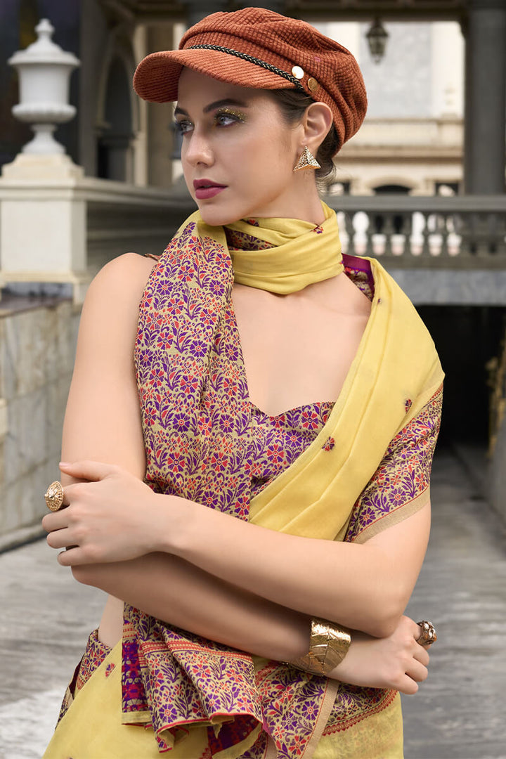 Arylide Yellow Woven Soft Linen Silk Saree