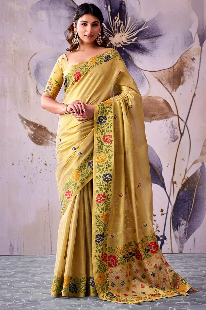 Arylide Yellow Zari Woven Banarasi Tissue Silk Saree