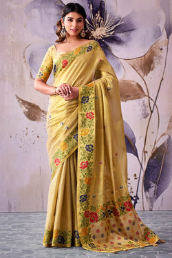 Arylide Yellow Zari Woven Banarasi Tissue Silk Saree