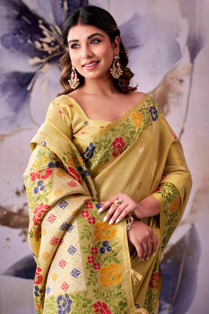 Arylide Yellow Zari Woven Banarasi Tissue Silk Saree