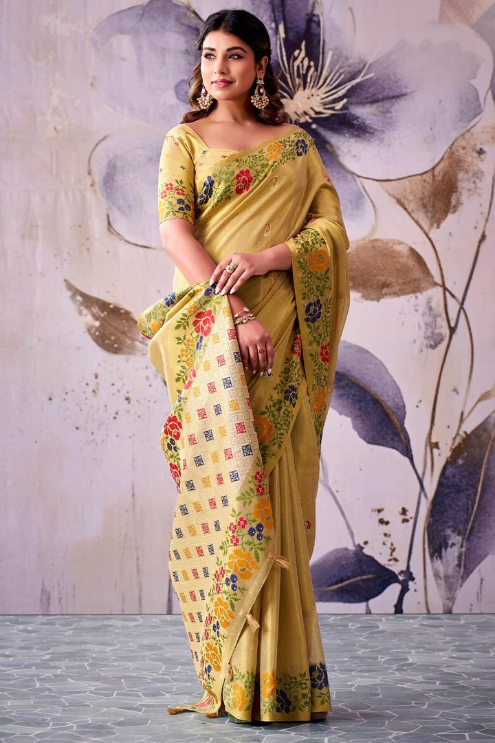 Arylide Yellow Zari Woven Banarasi Tissue Silk Saree
