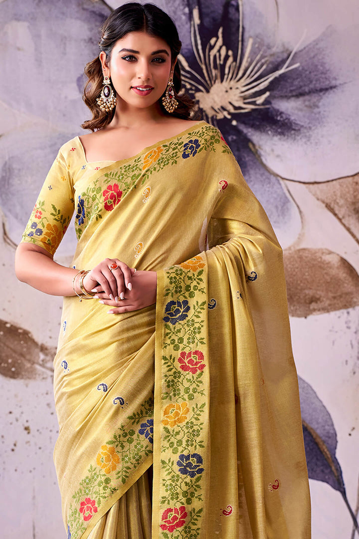 Arylide Yellow Zari Woven Banarasi Tissue Silk Saree