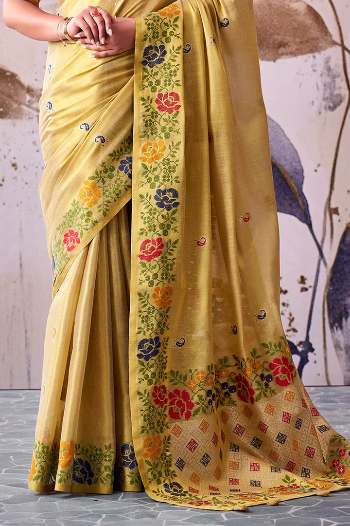 Arylide Yellow Zari Woven Banarasi Tissue Silk Saree