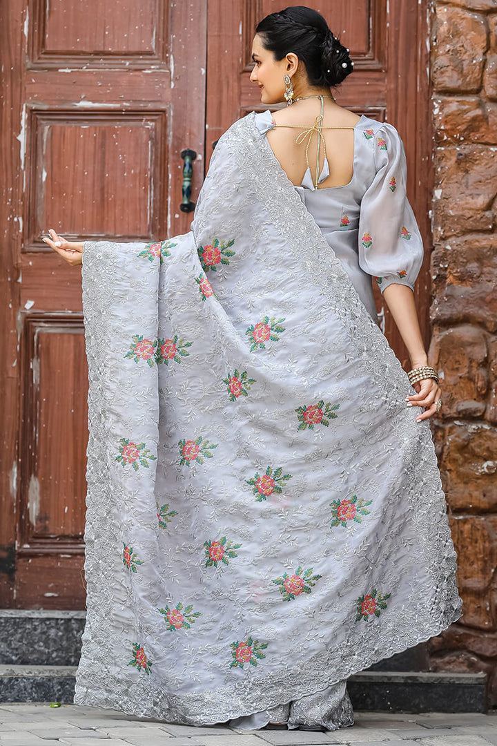 Ash Grey Emboroidey Worked Chiffon Saree