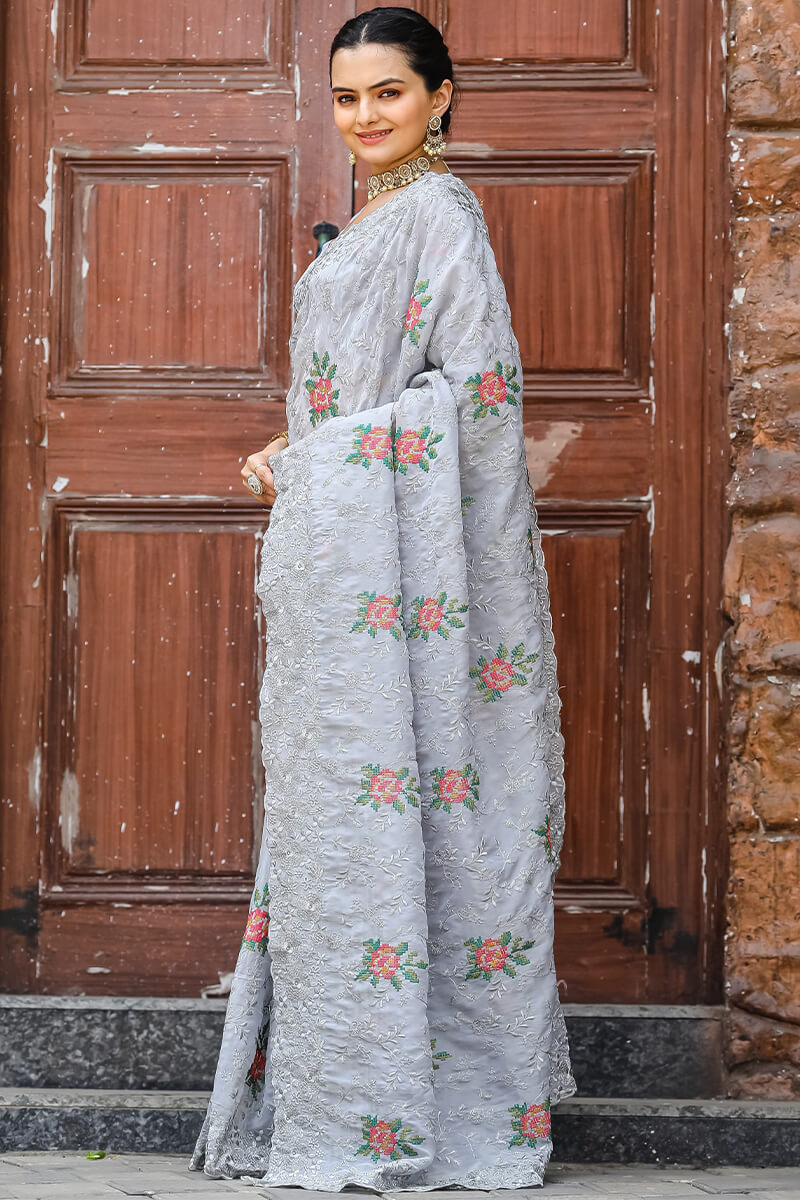 Ash Grey Emboroidey Worked Chiffon Saree