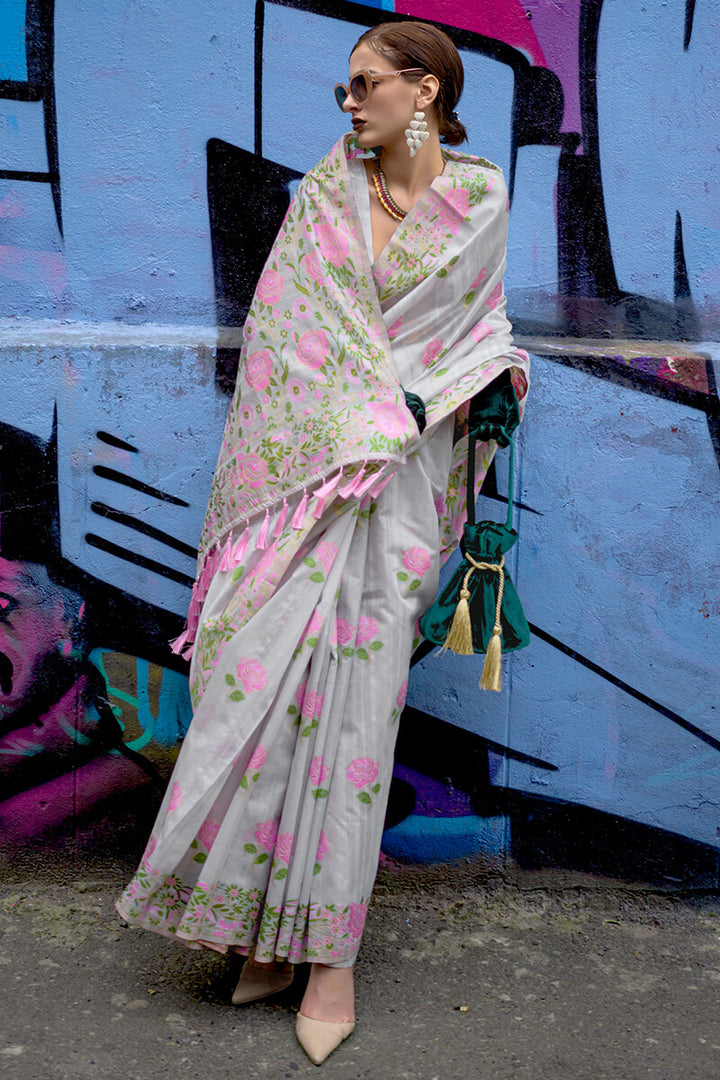 Ash Grey Parsi Woven Banarasi Silk Saree