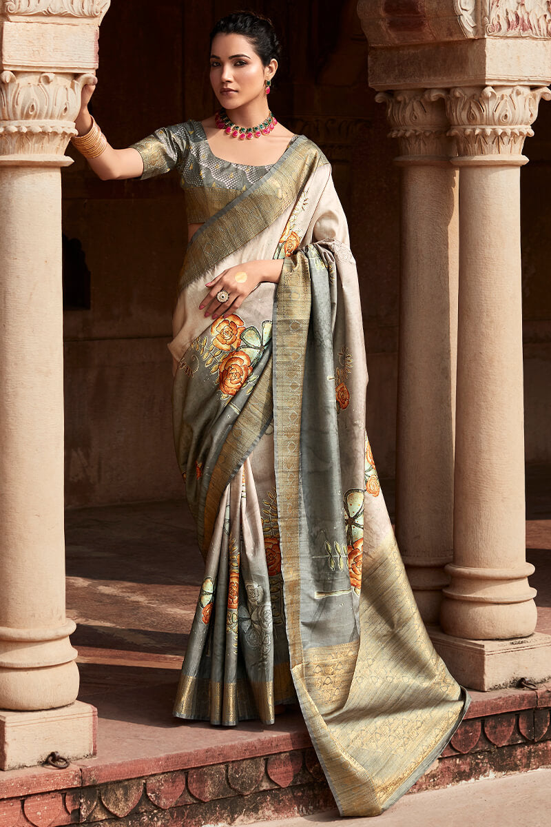 Ash Grey Printed Silk Saree