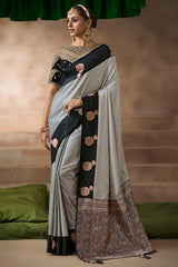 Ash Grey Zari Woven Satin Silk Saree With Heavy Embroidery Blouse Piece