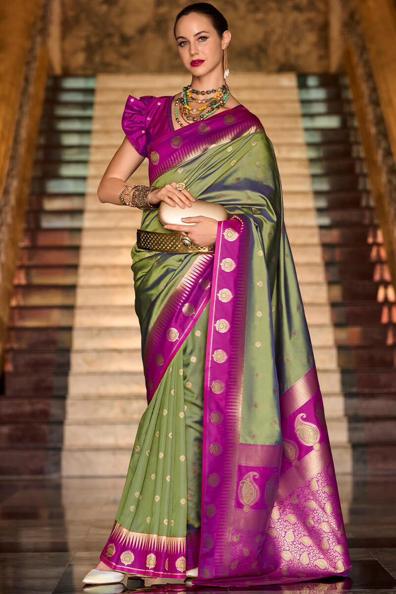 Asparagus Green Soft Banarasi Silk Saree
