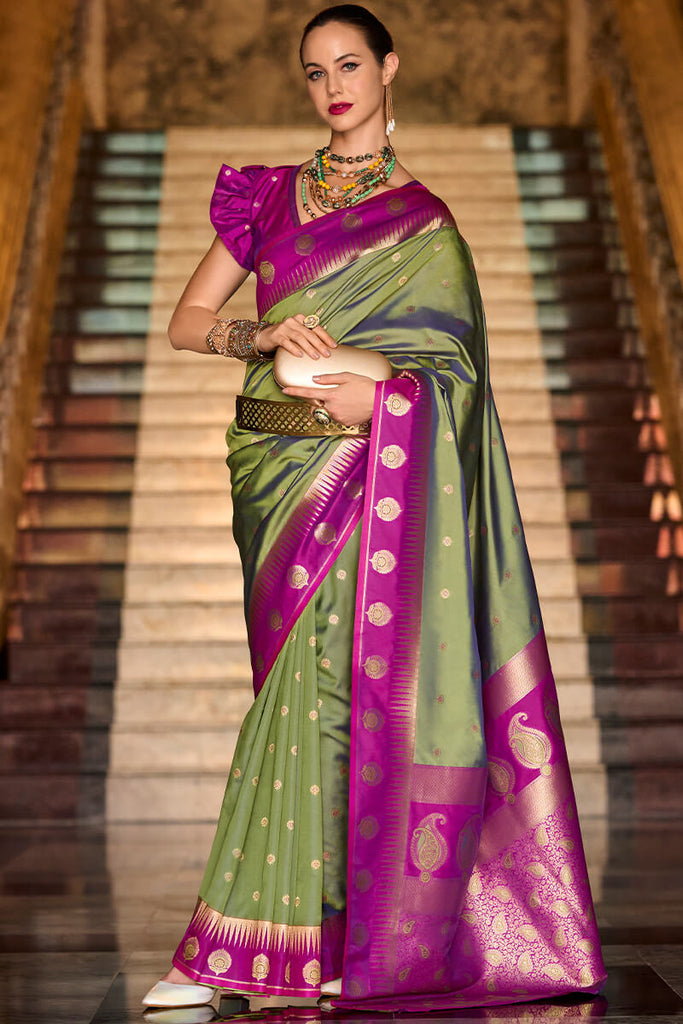 Asparagus Green Soft Banarasi Silk Saree