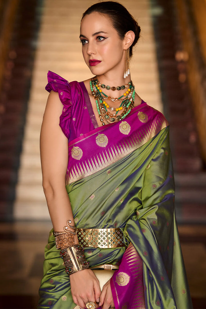 Asparagus Green Soft Banarasi Silk Saree