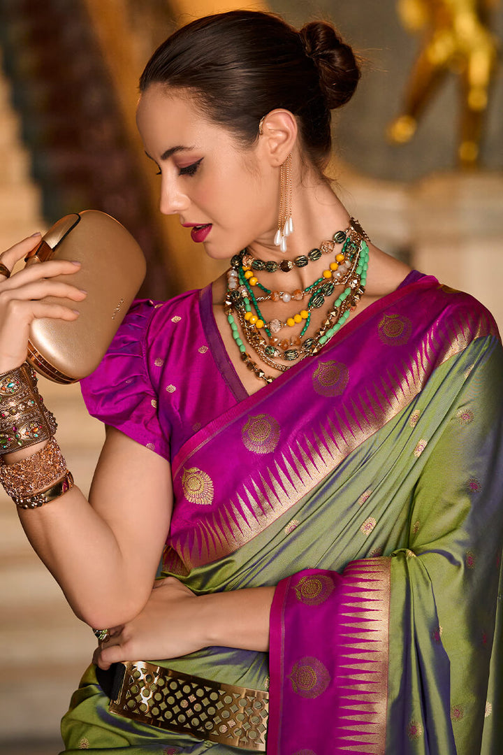 Asparagus Green Soft Banarasi Silk Saree