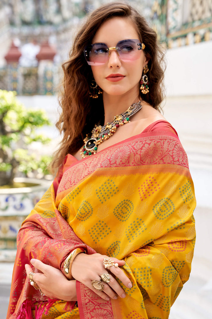 Aspen Yellow Zari Woven Soft Silk Saree