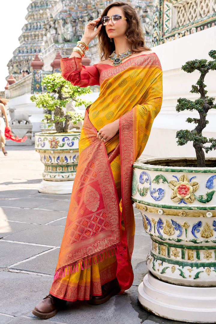 Aspen Yellow Zari Woven Soft Silk Saree
