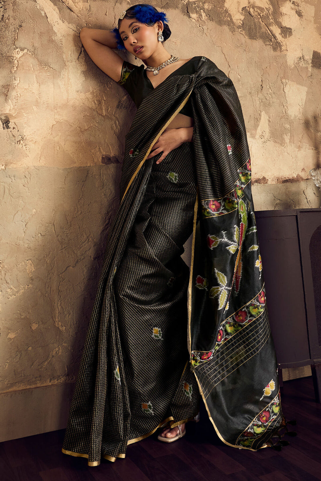 Asphalt Black Banarasi Handloom silk saree