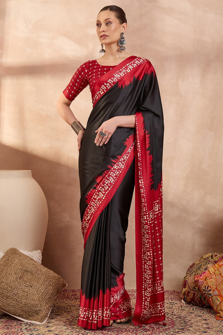 Asphalt Black Printed Satin Silk Saree