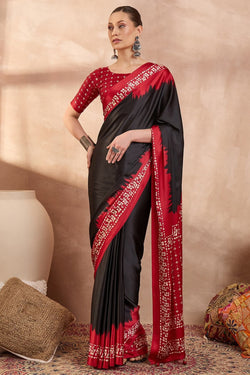 Asphalt Black Printed Satin Silk Saree