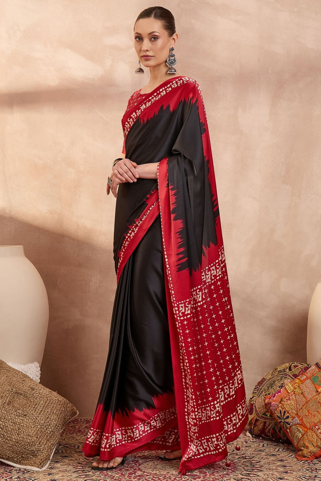 Asphalt Black Printed Satin Silk Saree