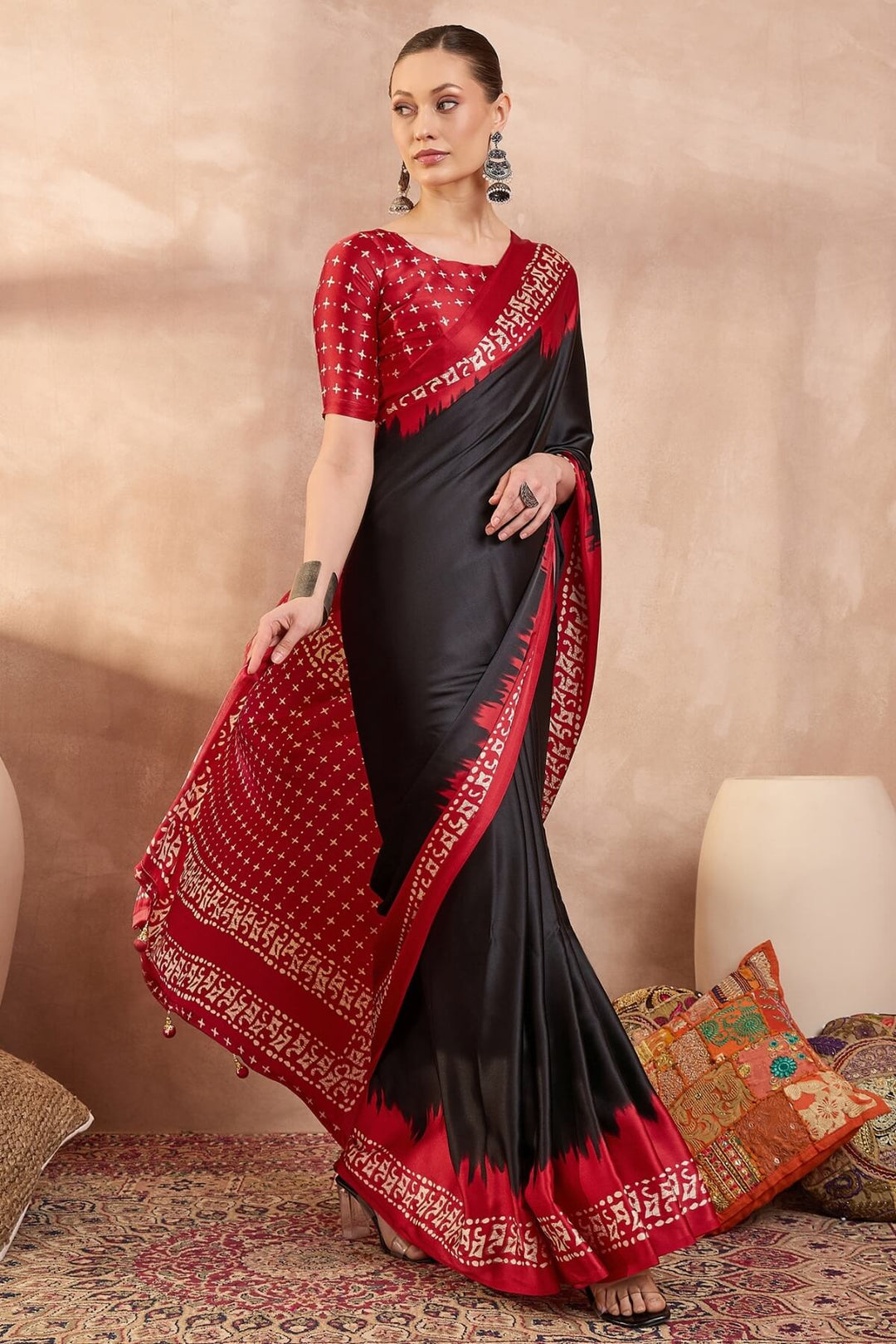 Asphalt Black Printed Satin Silk Saree