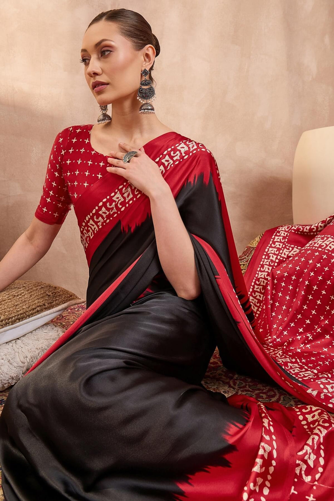 Asphalt Black Printed Satin Silk Saree