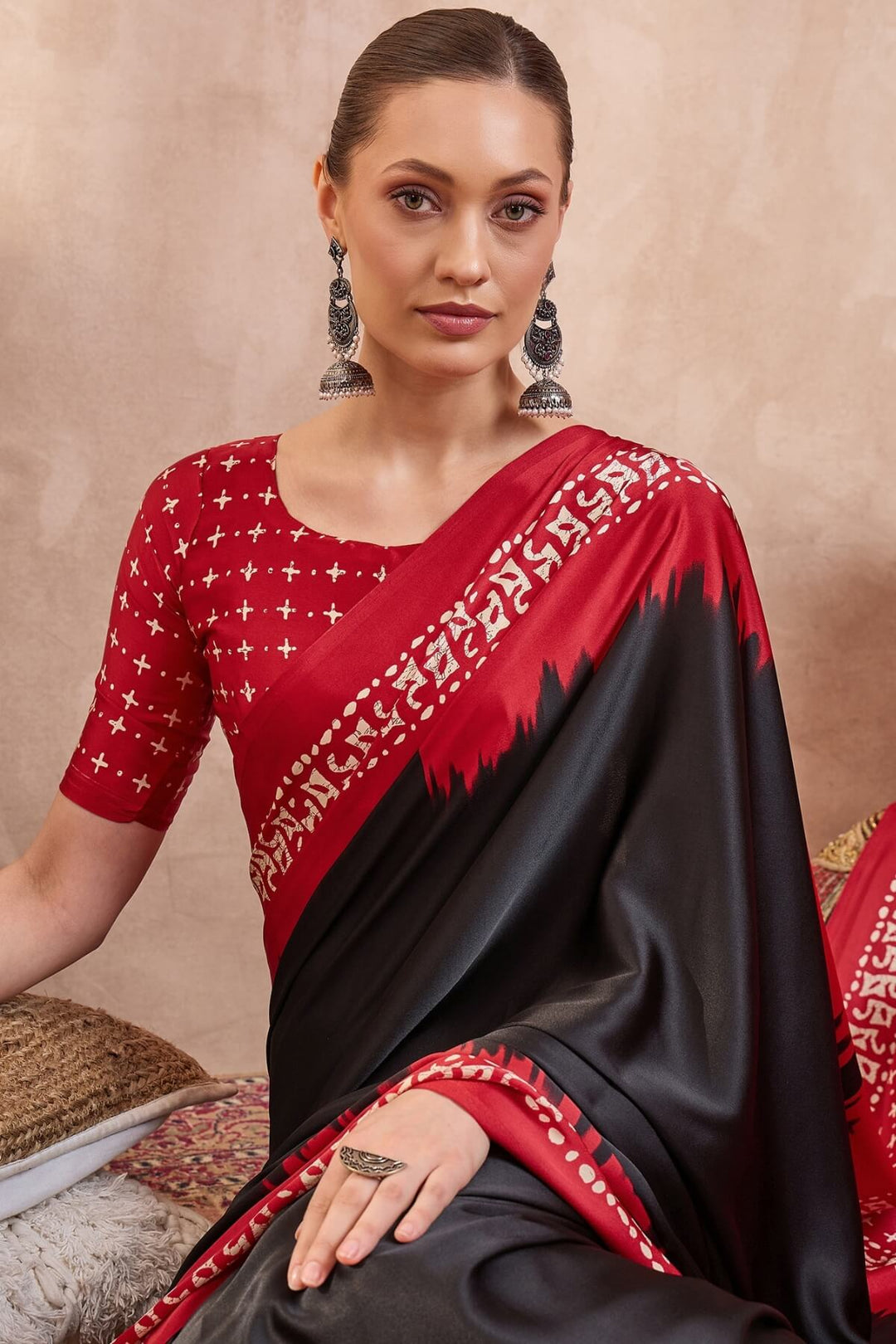 Asphalt Black Printed Satin Silk Saree