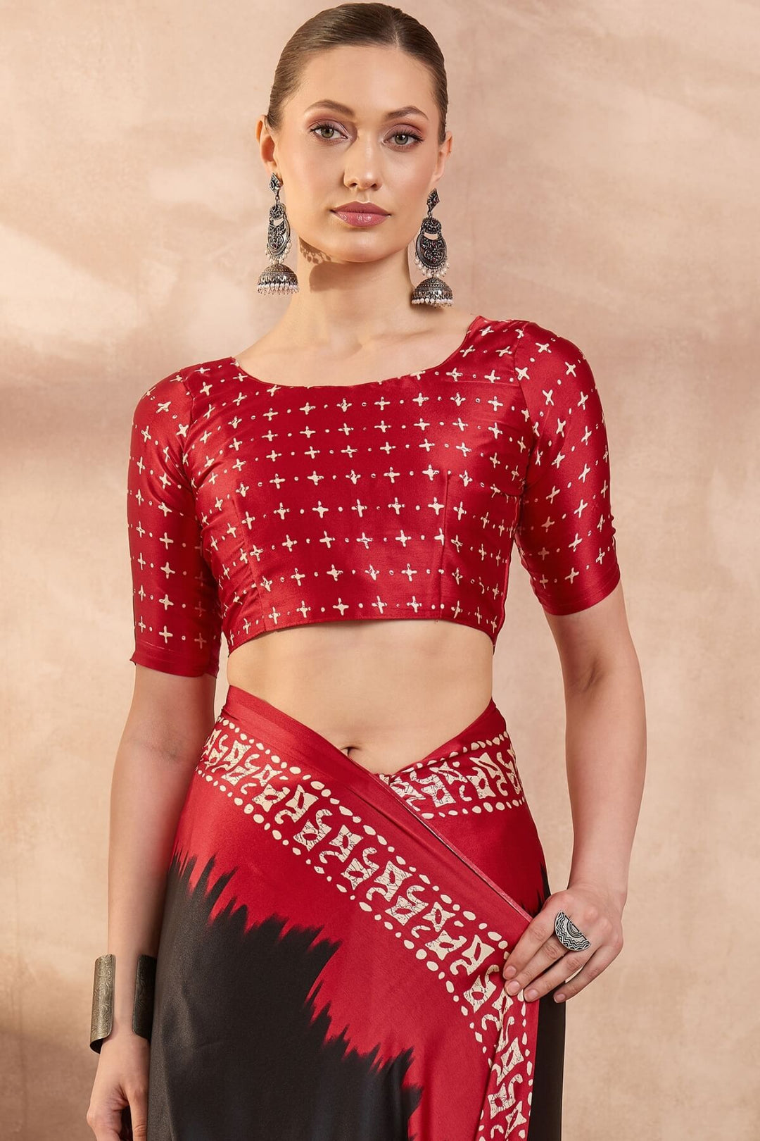 Asphalt Black Printed Satin Silk Saree
