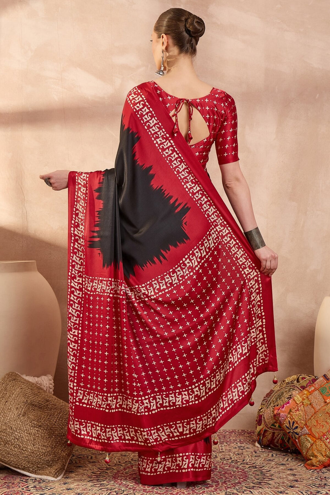 Asphalt Black Printed Satin Silk Saree