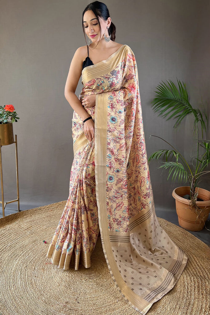 Astra Beige Printed Soft Silk Saree