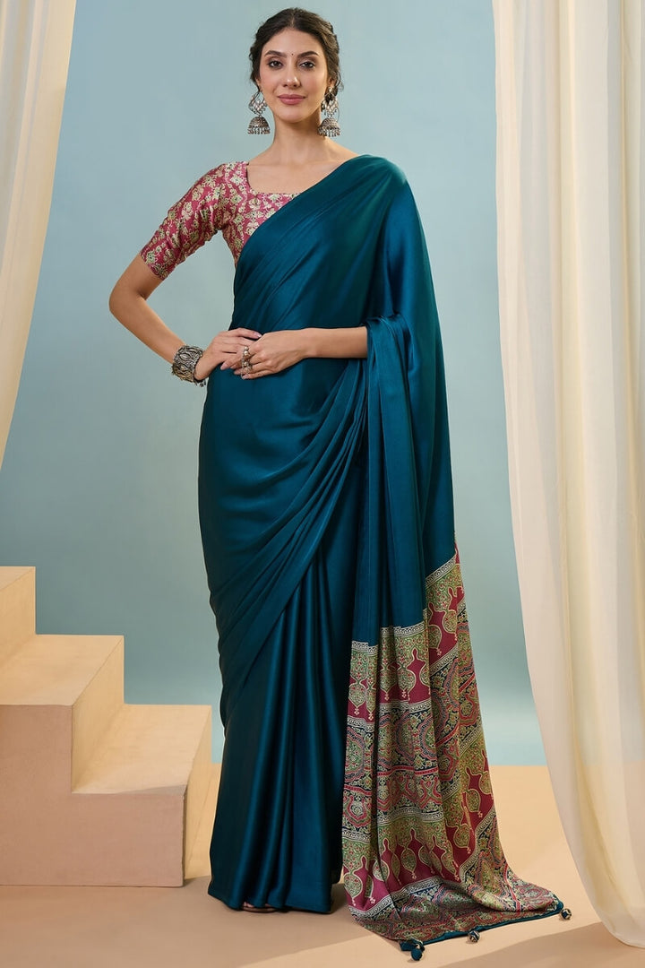 Astronaut Blue Ajrakh Printed Satin Silk Saree