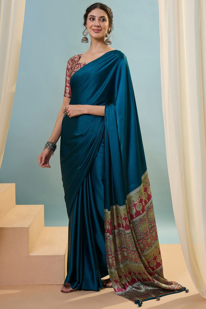 Astronaut Blue Ajrakh Printed Satin Silk Saree