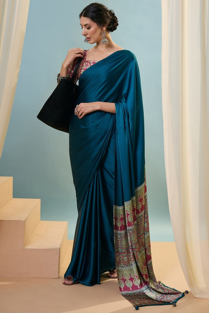 Astronaut Blue Ajrakh Printed Satin Silk Saree
