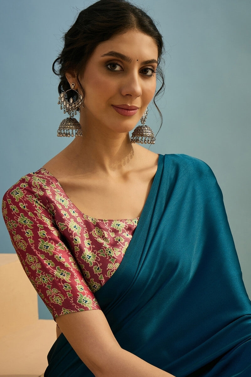 Astronaut Blue Ajrakh Printed Satin Silk Saree