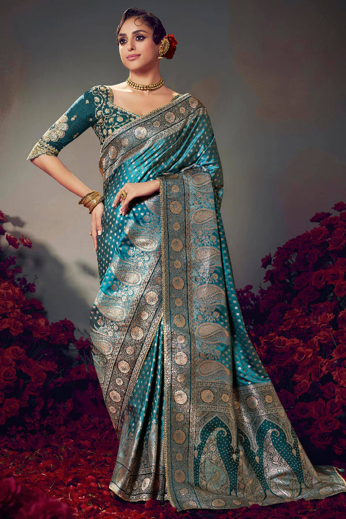 Astronaut Blue Banarasi Satin Silk Saree With Fancy Lace Border and Embroidery Blouse