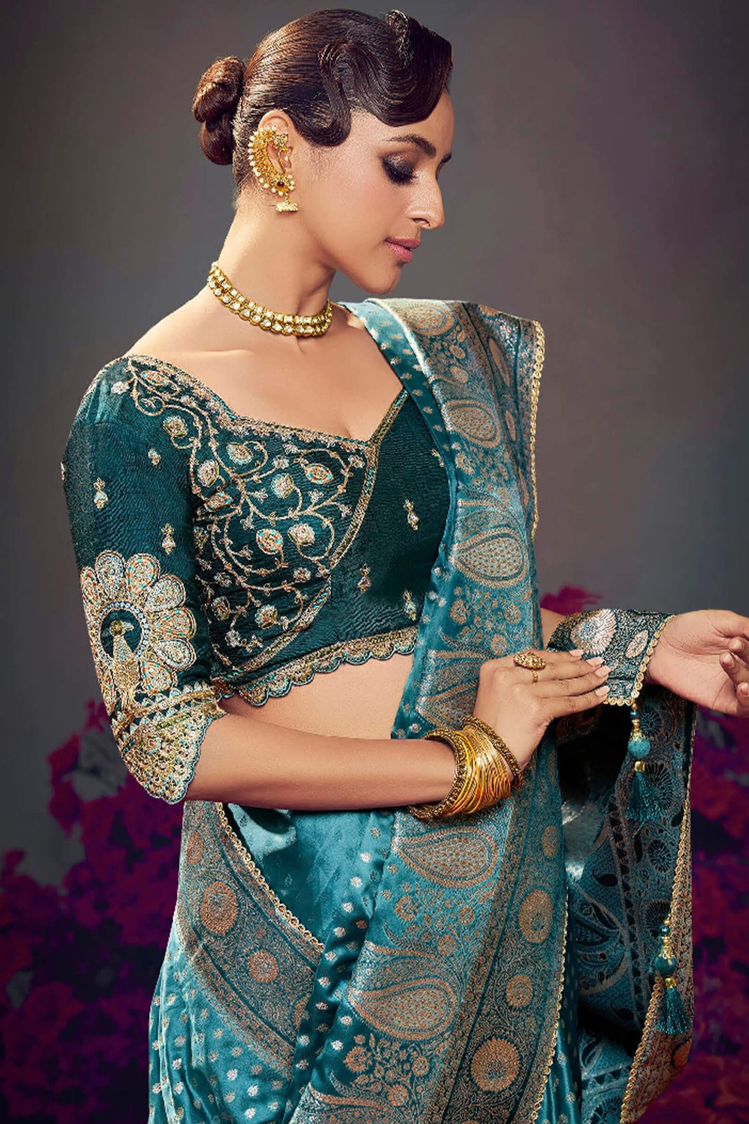 Astronaut Blue Banarasi Satin Silk Saree With Fancy Lace Border and Embroidery Blouse