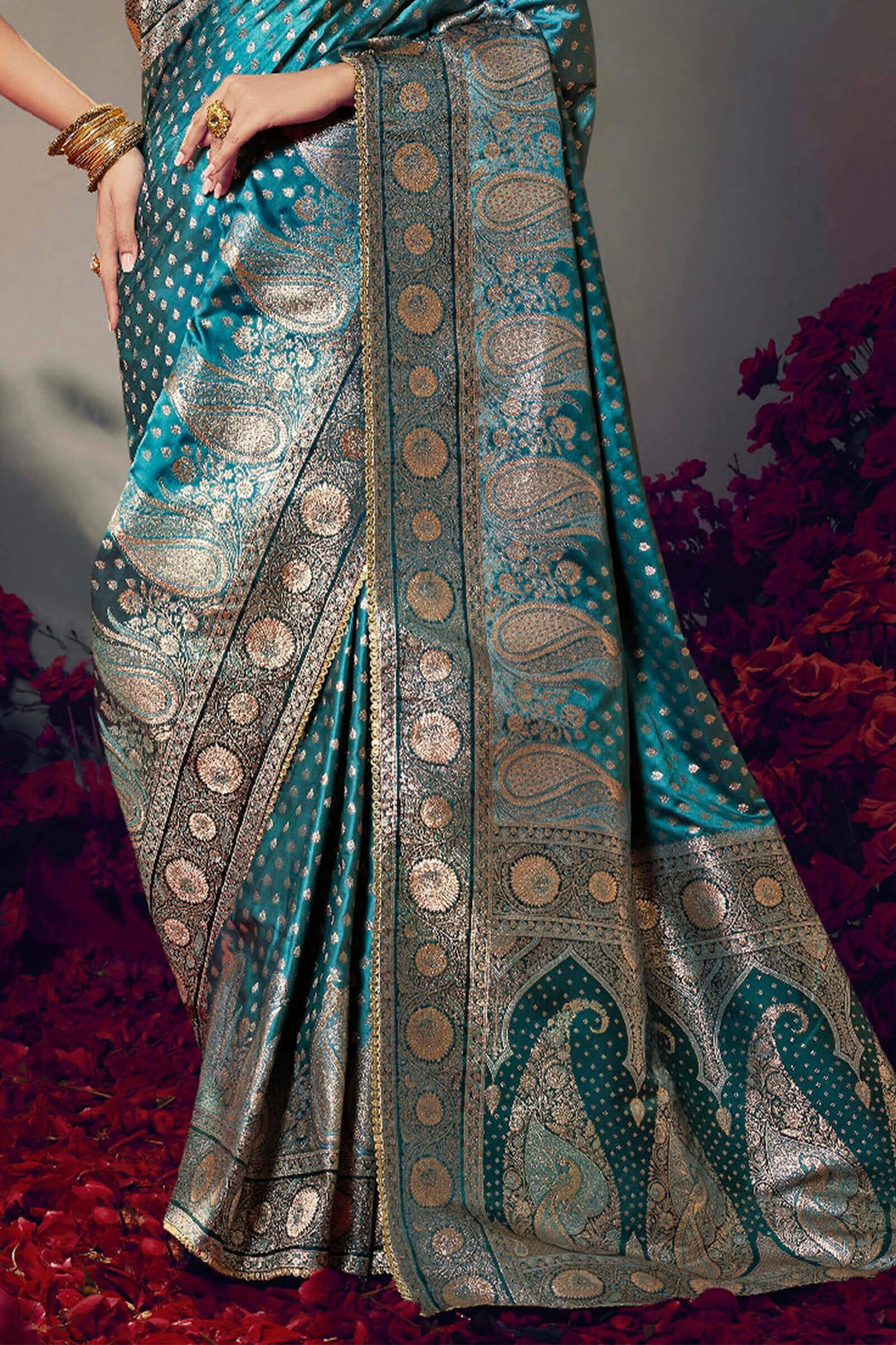 Astronaut Blue Banarasi Satin Silk Saree With Fancy Lace Border and Embroidery Blouse
