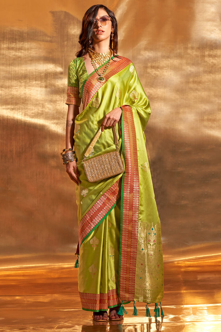 Avocado Green Banarasi Satin Silk Saree