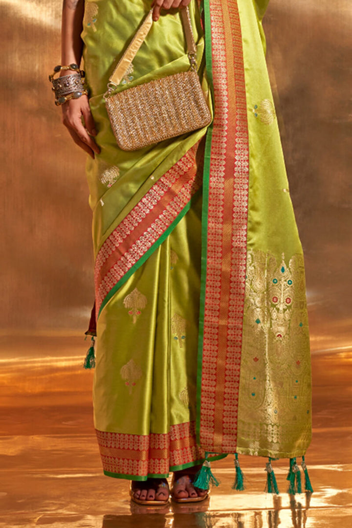 Avocado Green Banarasi Satin Silk Saree