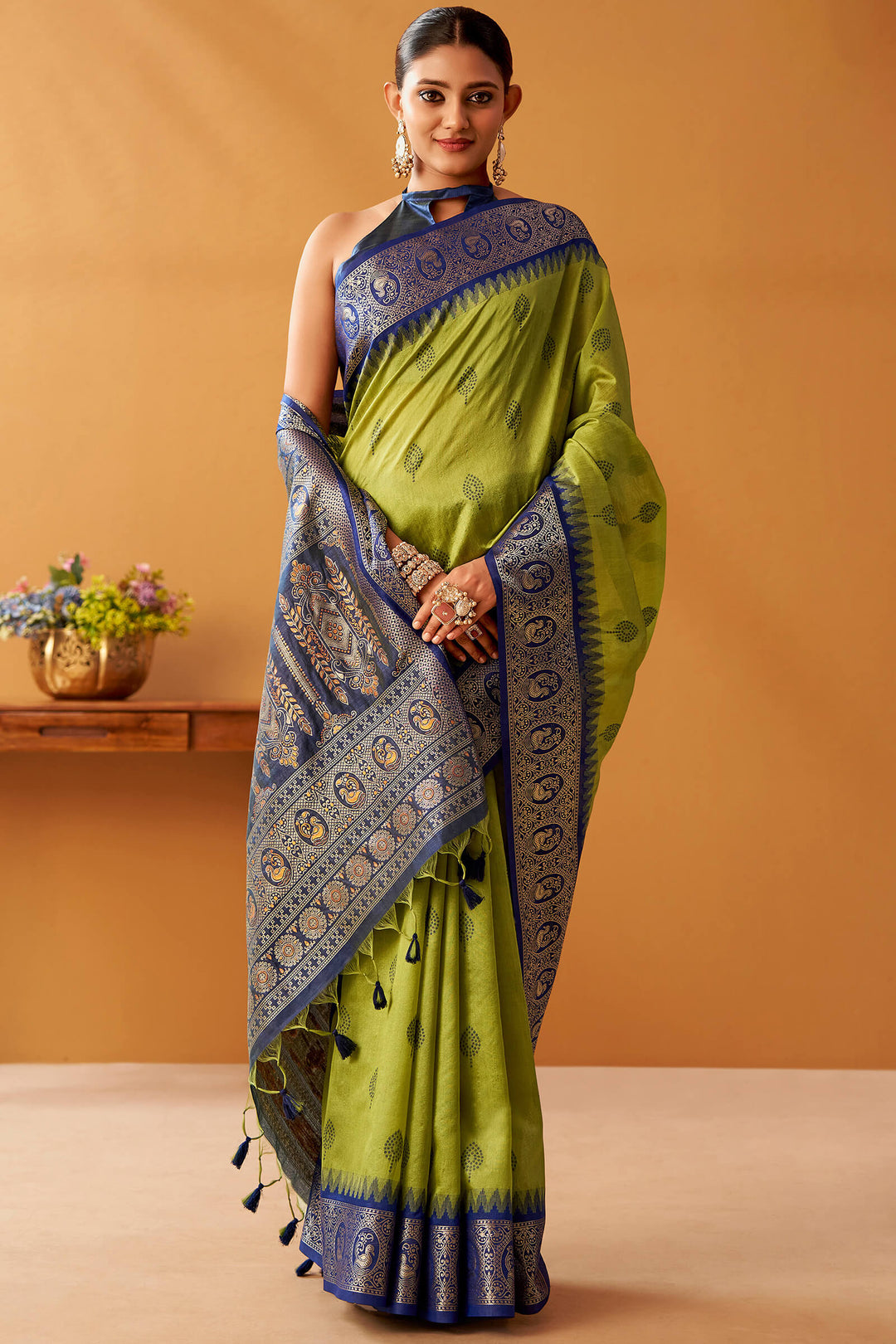 Avocado Green Cotton Modal Silk Saree with Pochampally Border and Pallu