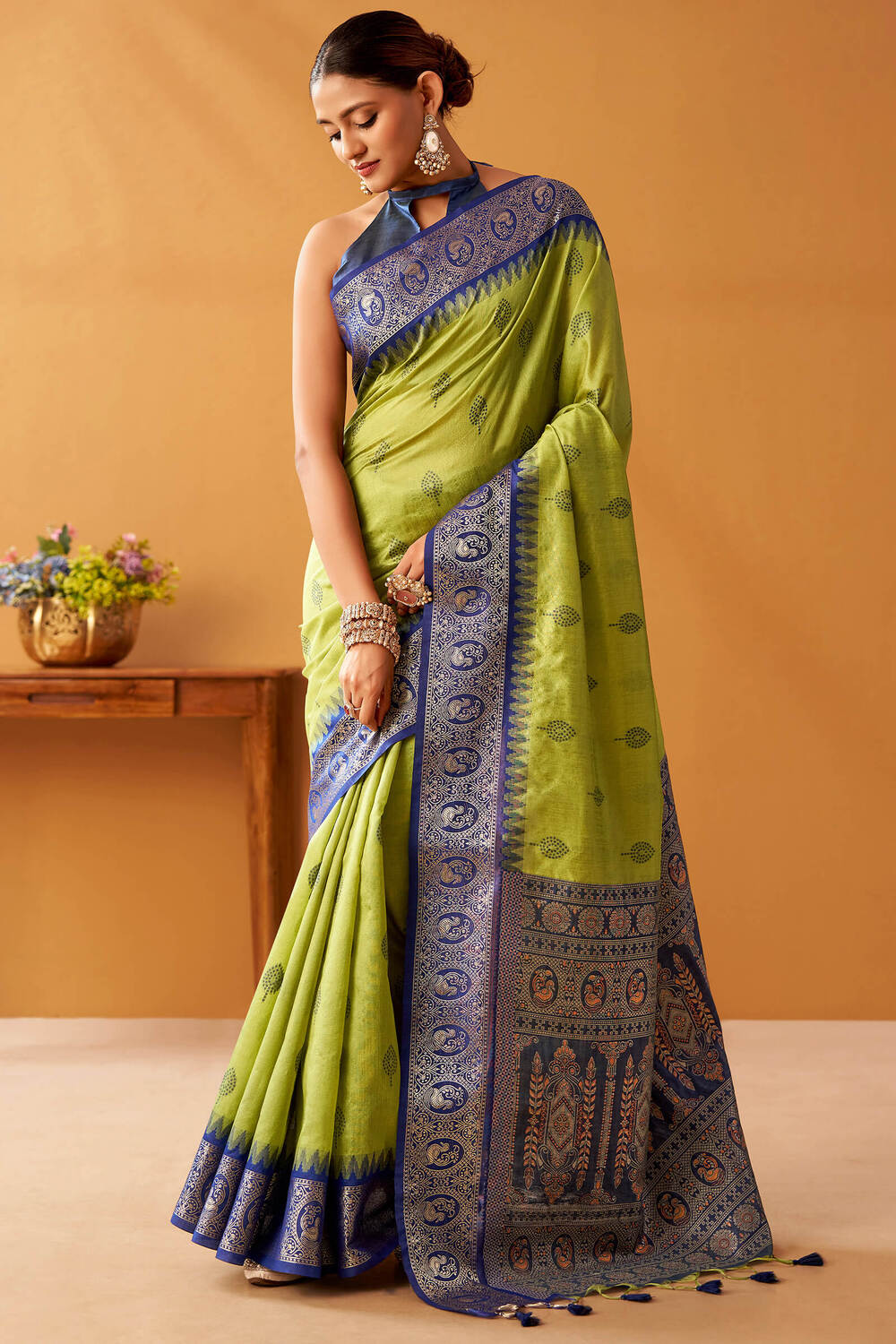 Avocado Green Cotton Modal Silk Saree with Pochampally Border and Pallu