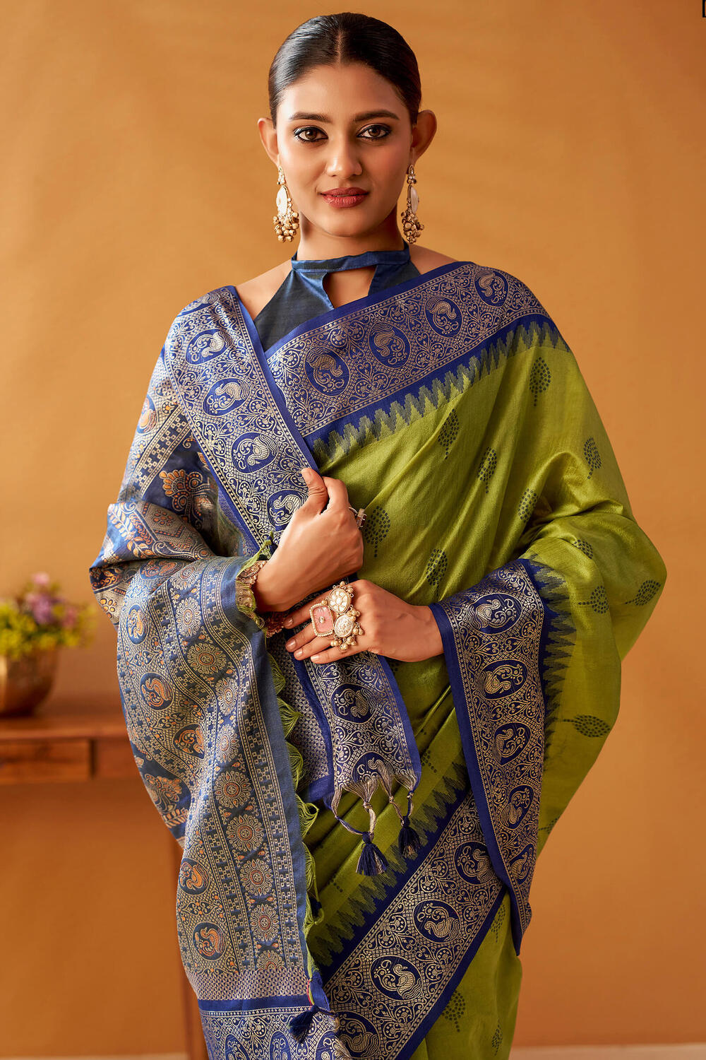 Avocado Green Cotton Modal Silk Saree with Pochampally Border and Pallu